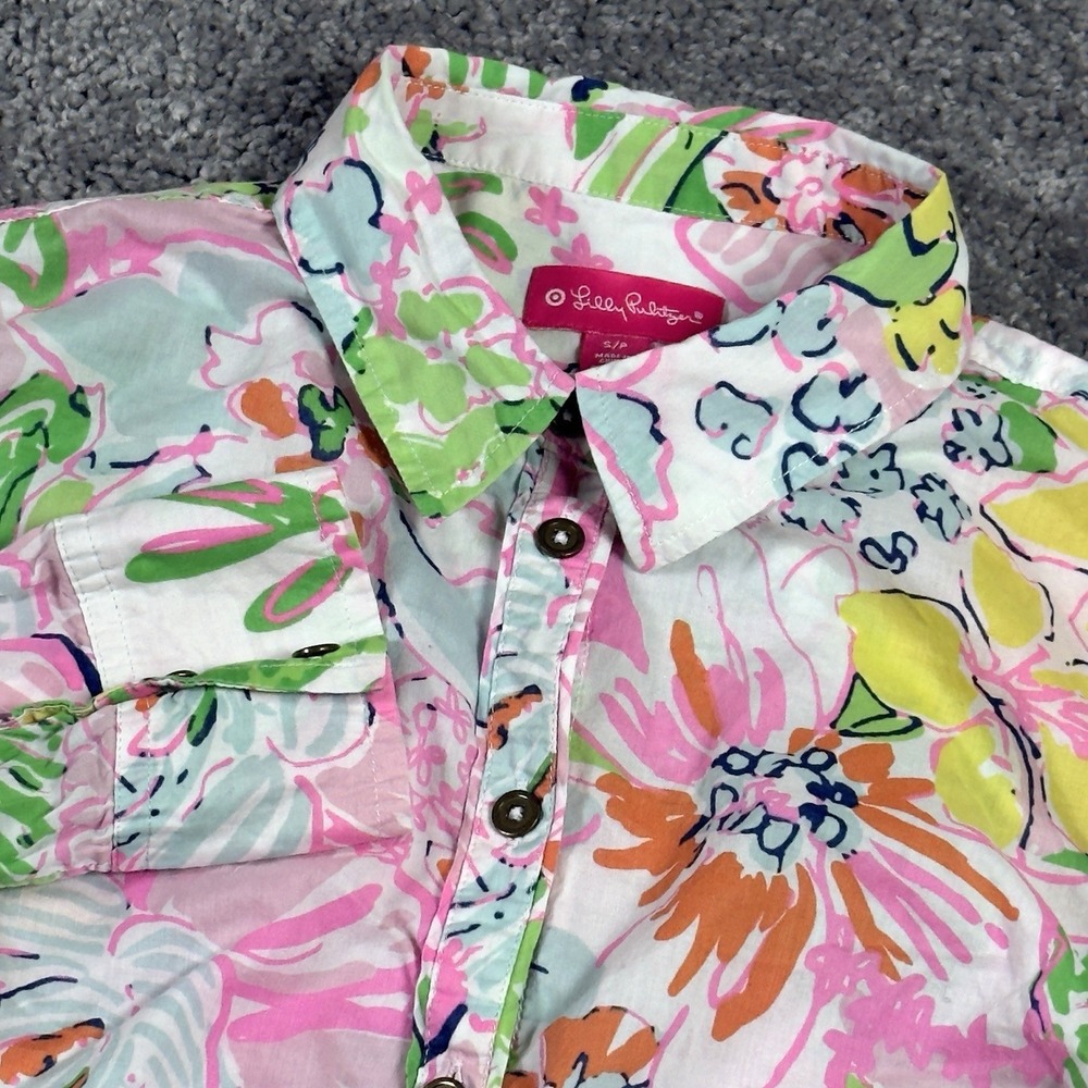 Lilly Pulitzer Nosey Posey Bright Floral Button Tab Sleeves Womens Size S Blouse